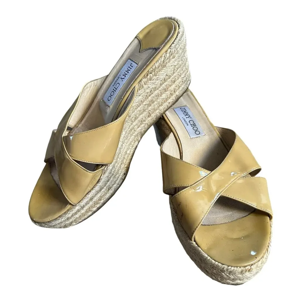 Jimmy Choo Paisley Crisscross Slide Sandal Espadrille Beige Patent Wedge Size 40
